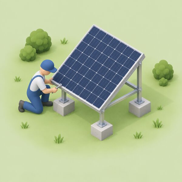 A small isometric installer in plain clothing kneels beside a solar panel, bolting it down onto its metal ground-mount frame set on foundations in a garden, with no inverter or house wiring shown.
