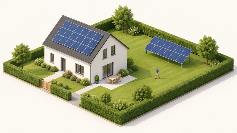 A simple house with a solar array fitted flush to its pitched roof, beside a separate ground-mounted array on frames standing in the open garden behind, showing the two mounting options side by side on one property.
