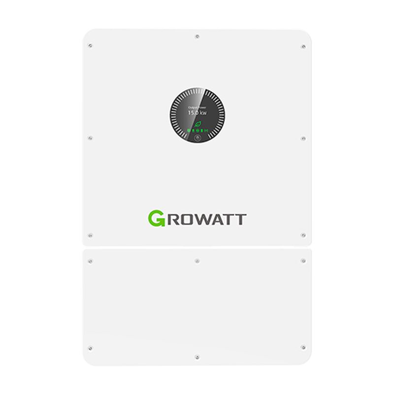 A white Growatt hybrid inverter unit with a round display showing output power