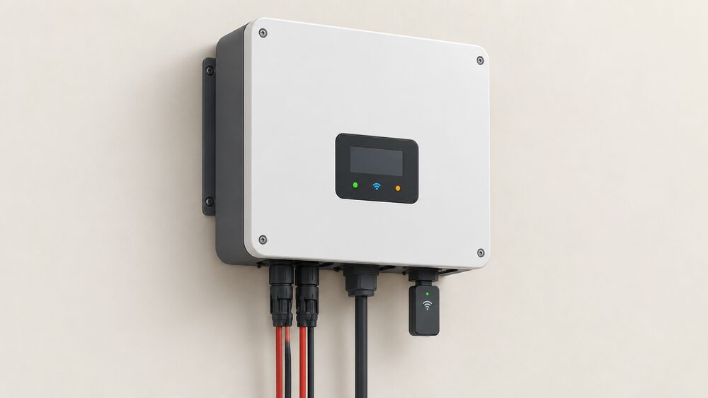A wall-mounted solar hybrid inverter shown close up, with a small WiFi monitoring dongle plugged into its underside and a cable gland and DC strings entering below, set against a plain wall with no other equipment.