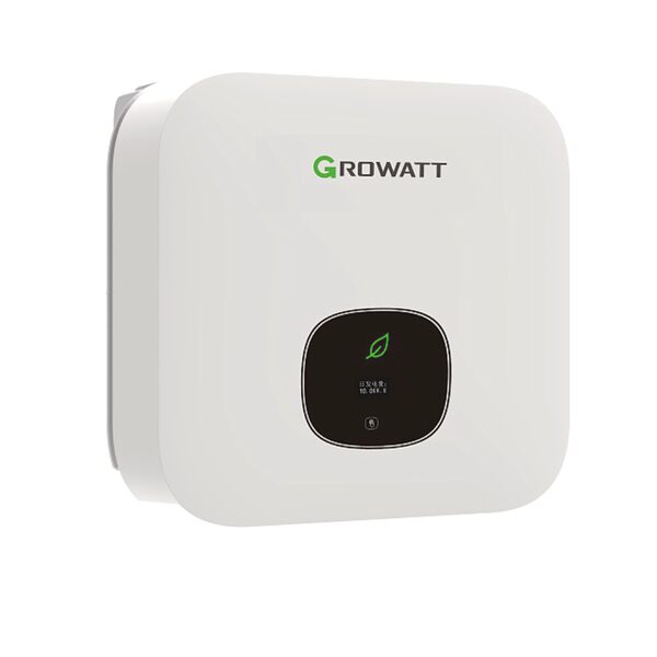 A white Growatt hybrid solar inverter unit with a small display screen, shown on a plain background