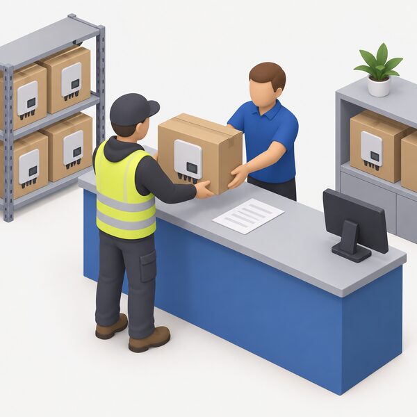 A simplified isometric installer at an electrical wholesaler counter, handing a boxed solar inverter across the counter to a wholesaler staff member, with a plain quotation sheet on the counter between them, showing that inverters reach households through installers and wholesalers rather than a shelf price.