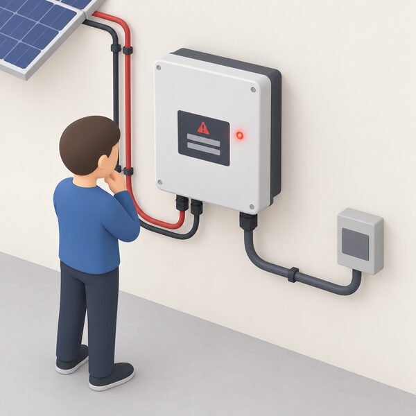 A wall-mounted indoor solar inverter with its red fault LED illuminated and a plain error indication on its screen, connected to DC cables from the PV array and an AC cable to the household supply, with a simplified figure inspecting it.