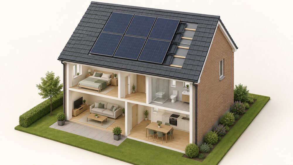 A house roof shown in cutaway where a section of tiles has been replaced by an in-roof solar array: plastic trays fixed to the battens over a waterproof membrane hold standard framed panels flush with the surrounding tiles, with a small visible gap between panels.