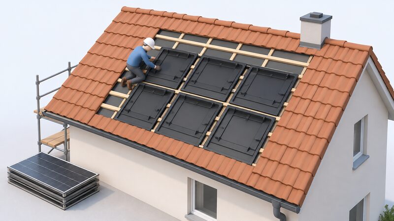 A partially tiled pitched roof under construction where an array area of black plastic GSE trays is fixed directly to the exposed battens, with a simplified installer figure fitting a tray, the surrounding tiles meeting the tray edges ready for framed panels to be clamped in.