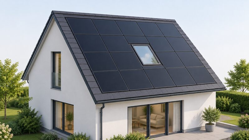 A completed in-roof solar array of dark panels set flush into the covering of a pitched house roof, with one glazed roof window unit sitting flush within the panel field so the array continues unbroken around it.