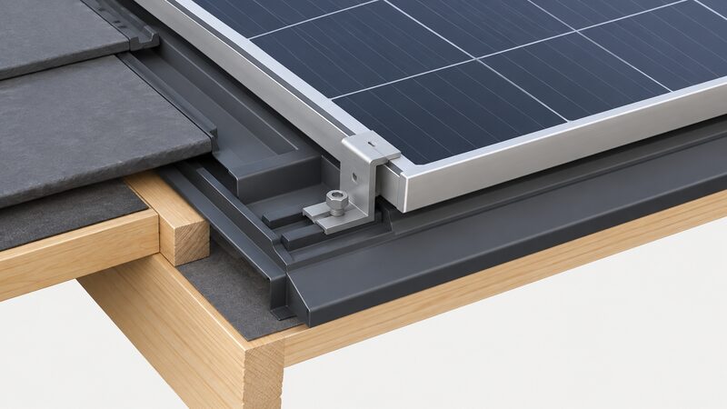 A close-up isometric detail of a framed solar panel edge sitting on a GSE in-roof tray, with a mid-clamp gripping the panel's aluminium frame and bolting down to the tray's mounting channel, drawn as a cutaway of the roof junction.