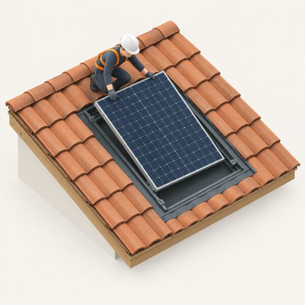 An isometric installer on a tiled roof lowers a solar panel into an open GSE-style in-roof mounting tray set flush between the surrounding roof tiles, with the tray's frame and weathering visible around the panel being seated.
