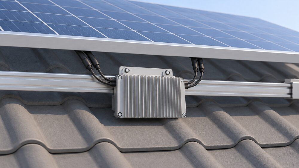 A close-up of one Hoymiles-style microinverter, a small finned rectangular box bolted to the mounting rail beneath a rooftop solar panel, its back-cover cooling fins visible and no fan anywhere, with short DC leads running up to the panel above.