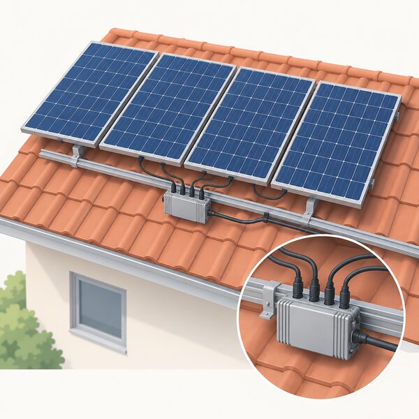 A single 4-in-1 microinverter unit clipped to the mounting rail beneath a row of four rooftop solar panels, with short DC leads from each panel plugging into its four input channels and one AC trunk cable running away along the rail.