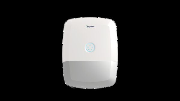 A white Hoymiles microinverter unit shown against a plain white background