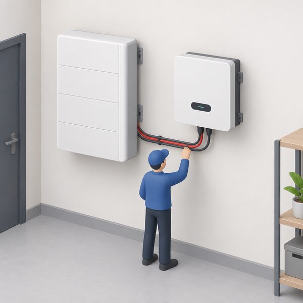 A wall-mounted low-voltage battery pack indoors beside a Hoymiles low-voltage hybrid inverter, with a short cable run between the two units and a small simplified figure checking the connection.