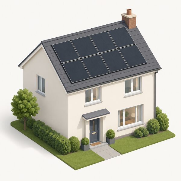 A simple domestic roof with a neat array of large-format solar panels fitted in rows, seen from an angle that shows the panels covering part of the roof slope, with no inverters, cabling details, words or logos.
