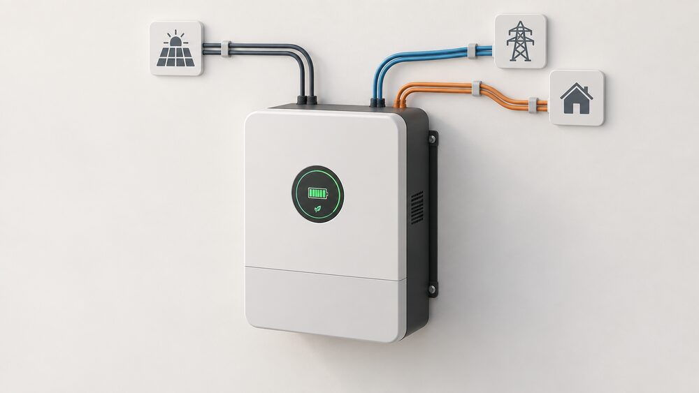 A close-up of a single wall-mounted hybrid solar inverter unit, with a LiFePO4 battery in the same enclosure on one wall mount, and cabling leaving the top of the unit toward the solar panels, the grid connection and the house.