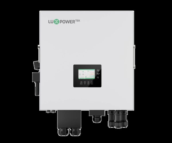 A LuxpowerTek hybrid solar inverter, a white wall-mounted unit with a small colour display and connection glands, on a plain background
