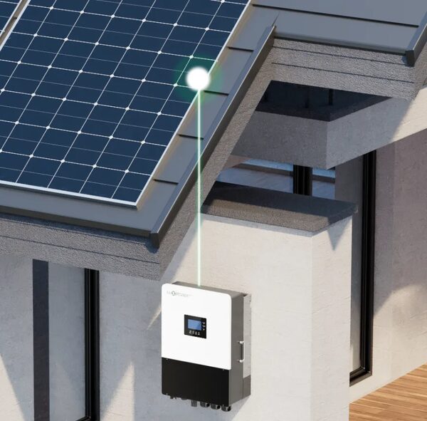 A LuxpowerTek three-phase hybrid solar inverter mounted on a house wall beneath rooftop solar panels, with a light beam illustrating energy flow