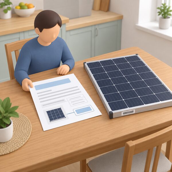A homeowner's kitchen table with an invoice document laid flat, its content shown only as blank lines and plain colour blocks, beside a solar panel with a small serial number label on its frame edge, all kept safe for a warranty claim.