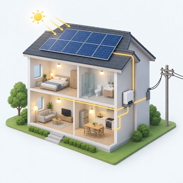 A cutaway view of a house with JA Solar panels on the roof, cables running down to an inverter inside, and electricity flowing to lights and appliances in the rooms below while a grid connection remains in place.