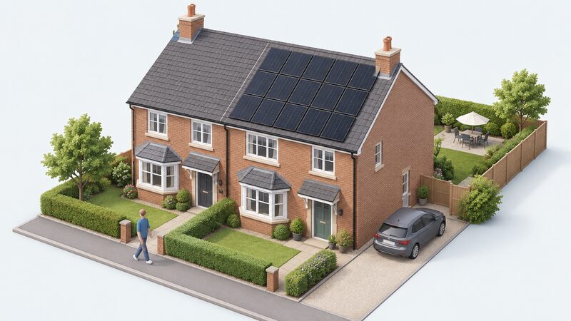 An isometric view of a UK semi-detached house with a neat roof-mounted array of about twelve black-framed solar panels filling roughly twenty to thirty square metres of the pitched roof slope, drawn without any text or numbers.