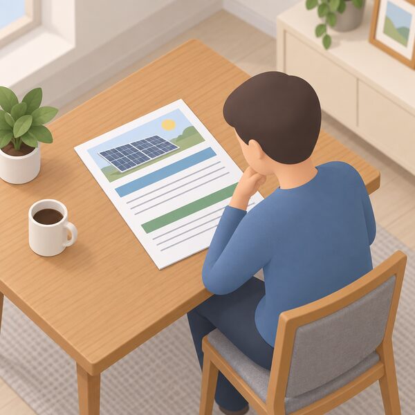 A printed solar panel warranty document lying flat on a wooden table, its pages showing plain colour bands and blank lines representing the product and power warranty terms, with a simplified isometric figure seated beside it reading the document.