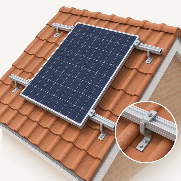 A standard framed solar panel clamped to conventional aluminium mounting rails on a pitched UK roof, shown close up with the rails, roof hooks and fixings visible against the tiles.