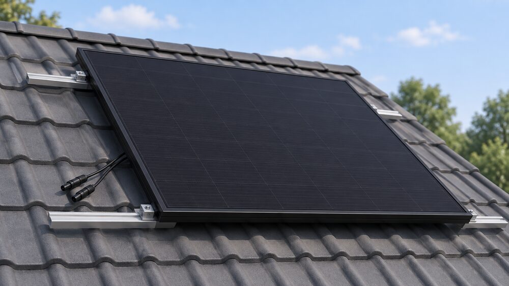 A single all-black dual-glass solar panel with a dark frame, seen close up and centrally, mounted on aluminium rails on a pitched domestic roof in daylight, with its MC4 connector leads resting on the roof beside it.
