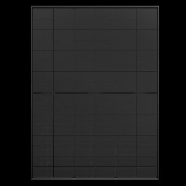A single all-black Jinko Tiger Neo 455W solar panel shown front-on against a white background