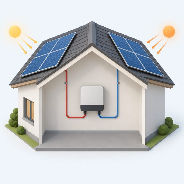 A cutaway house roof with solar panels on both an east-facing and a west-facing pitch, each section's cabling running down to a separate MPPT input on a wall-mounted inverter, showing the two arrays being optimised independently.