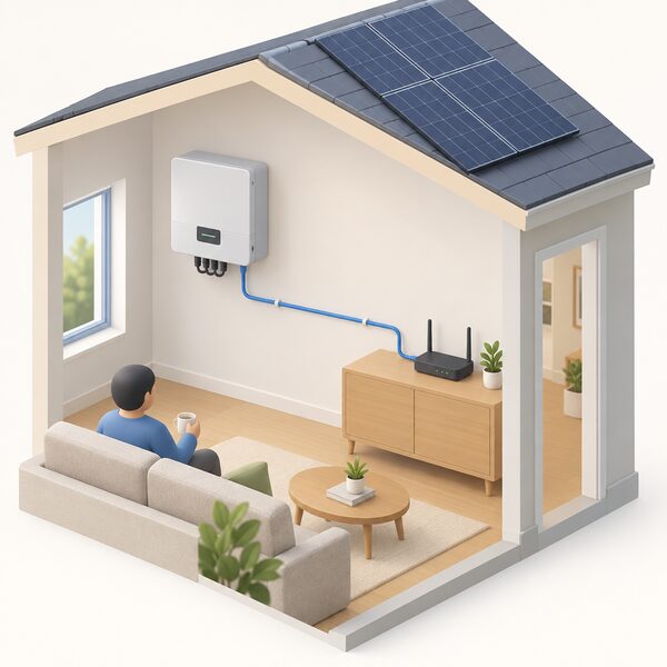 A small residential solar inverter mounted on an indoor wall, with a network cable running from it along the wall to a router, shown as a simple cutaway interior scene.