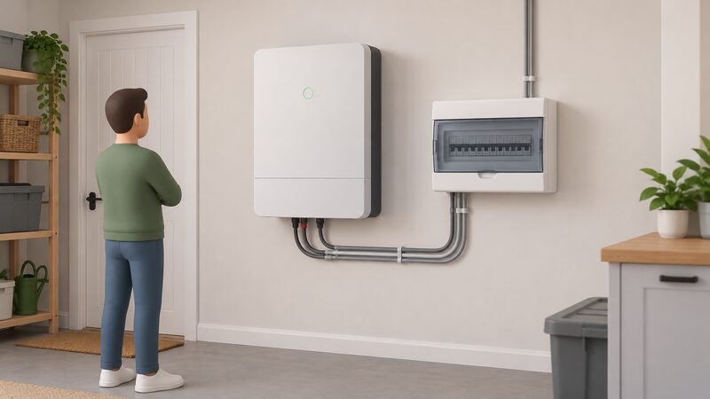 A wall-mounted hybrid inverter with its closed cover in place, shown beside a domestic consumer unit on the same wall of a home utility area, with simplified cabling running between the two enclosures.