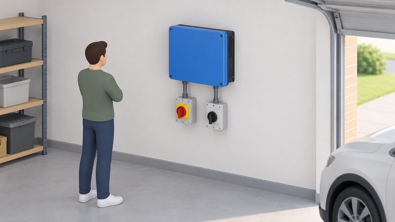 A plain blue three-phase string inverter mounted on an interior garage wall, with a DC isolator switch and an AC isolator switch mounted below it on the same wall, drawn as a simple isometric scene with no cabling details beyond short conduits between the units.