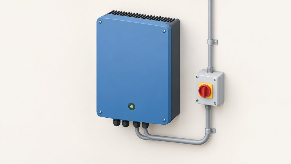 A close-up of a single blueplanet hybrid NH3 inverter, a plain rectangular wall-mounted enclosure with a status light and cooling fins, shown centrally with a DC isolator switch and conduit beside it and nothing else.