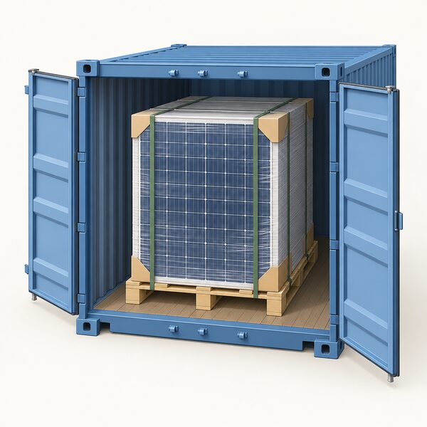 A solar panel wrapped in protective packing material, stacked on a wooden pallet with corner guards and strapping, standing inside a shipping container ready for import to the UK.
