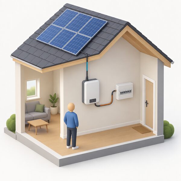 A wall-mounted solar inverter box indoors, with a cable rising from it toward the roof-mounted panel above and another cable running to the household consumer unit, shown in a simple cutaway of a home interior.