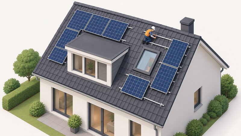 A house roof with a dormer and a skylight, where a few solar panels are arranged in a designed layout around the obstructions, with a small isometric figure of a designer or installer on the roof marking out panel positions on the sloped sections between the dormer and skylight.