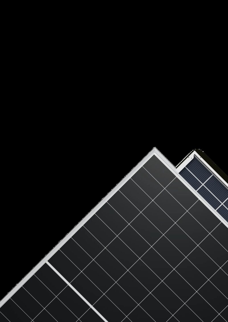 A corner view of a black Longi Hi-MO solar panel against a white background