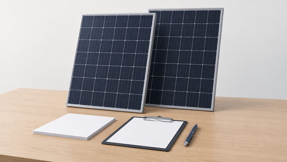 Two plain dark solar panels stand side by side on a table, one slightly forward of the other, with a blank datasheet, a clipboard and a pen laid in front of them, all lit by plain daylight.