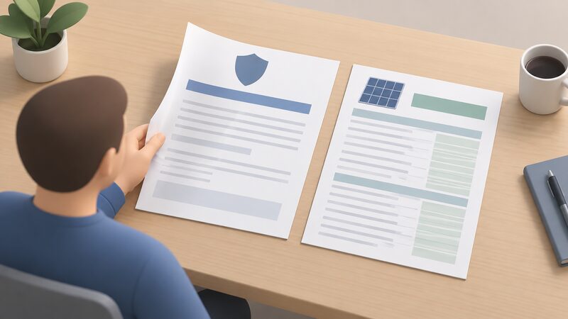 A close-up on a table or desk where two printed documents lie side by side — a manufacturer's warranty document and a panel datasheet — with blank lines and plain colour bands standing in for terms, one sheet partly turned as a buyer reads it.