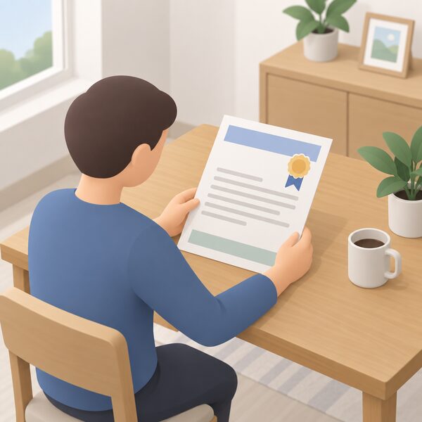 A paper guarantee certificate for the solar roof system lying on a table in a home, with blank lines and plain colour bands instead of readable text, beside a small simplified figure holding it flat to read.