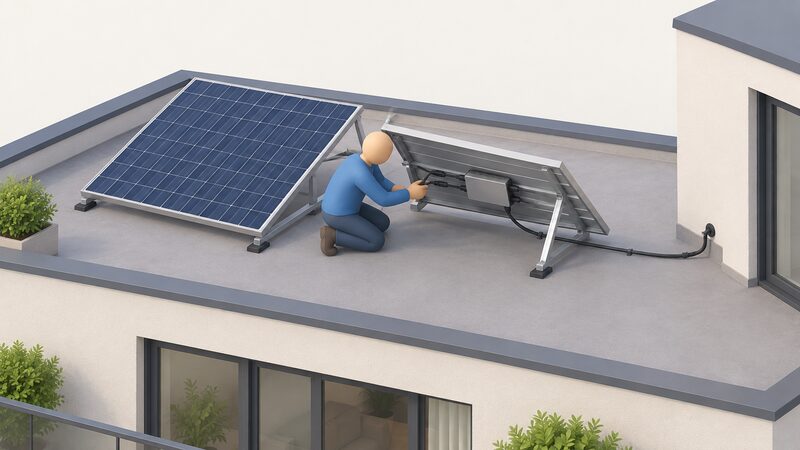A small isometric figure on a flat roof terrace kneels beside two solar panels on low mounting frames, one panel tilted to show a microinverter fixed to the mounting rail beneath it with panel leads plugged in and an AC cable running toward the property supply.