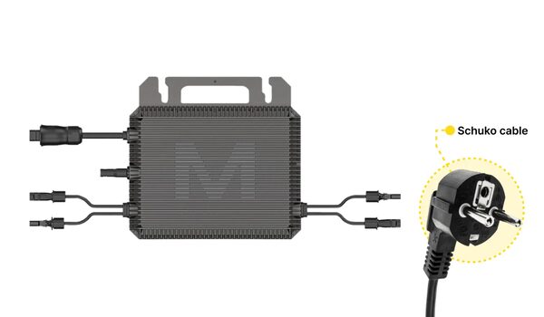 A Marstek microinverter unit with MC4 solar cables and a Schuko plug, shown on a white background
