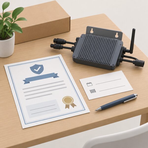 A printed warranty certificate lying on a table beside a small balcony solar microinverter unit, with a pen and a handwritten-style note card showing blank lines for the commissioning date and serial number kept together.