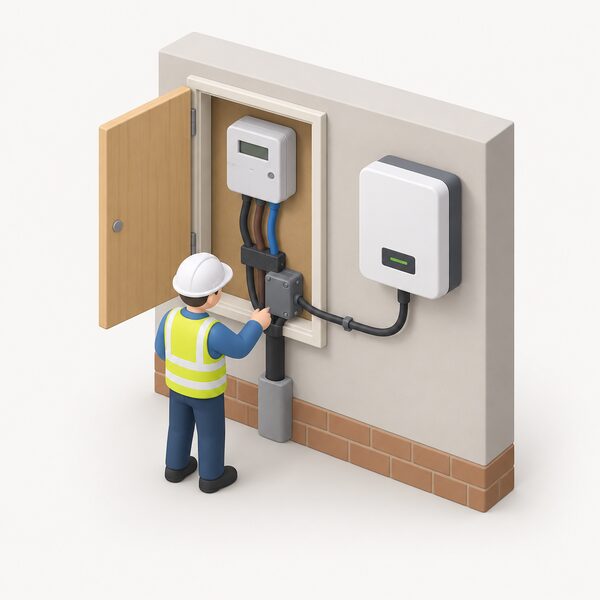 A cutaway view of a home's meter cupboard showing the electricity meter and main supply tails, with a small wall-mounted grid-tied inverter nearby connected by cable to the supply side, an isometric figure inspecting the connection.