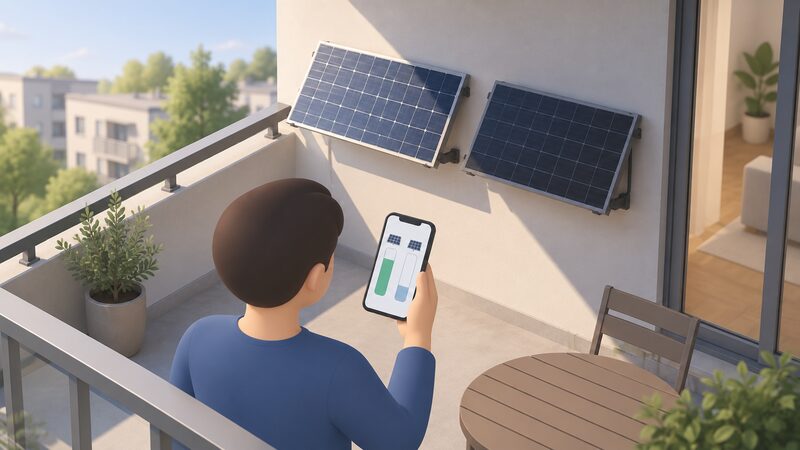 A simplified figure on a shaded balcony holds a smartphone whose screen shows a monitoring app with two plain panel tiles side by side, one bar tall and one bar short, matching the two panels mounted at a shallow angle against the wall behind.