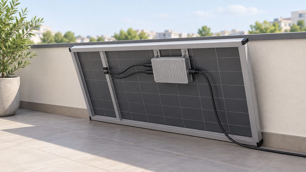 A close-up of a small rectangular microinverter box mounted on the rear frame of a solar panel leaning at a shallow angle against a balcony wall, with the two panel input cables running from the panel to the unit and its AC cable trailing away.