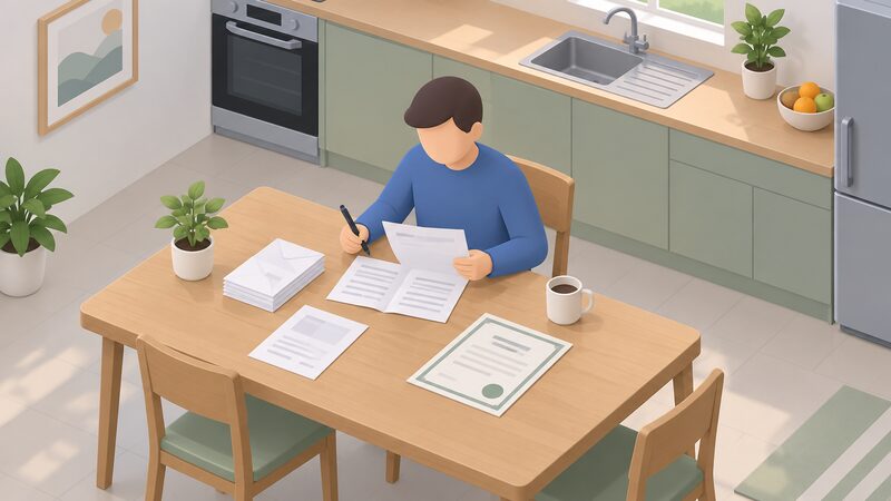 A householder seated at a kitchen table reviewing printed complaint correspondence and an MCS certificate laid out beside an open letter, with a pen in hand, showing the paperwork stage of the complaints route inside the home.