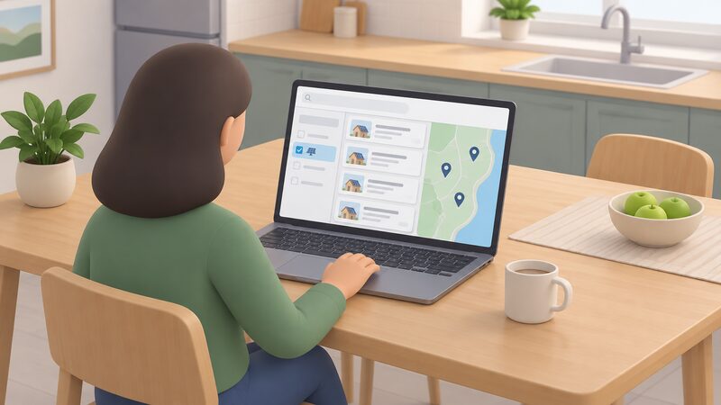 A laptop on a kitchen table showing a directory search results page with a sidebar of filter options, one filter highlighted for solar PV, and a list of plain result blocks beside a simple map, with a simplified figure seated using it.