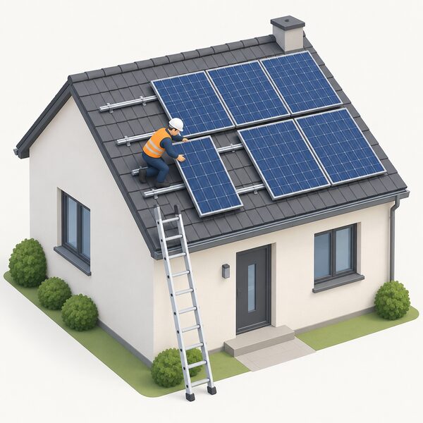 An installer on a house roof fixing a solar PV panel to the mounting rails, with more panels already laid in rows on the pitched roof and a ladder resting against the eaves below.