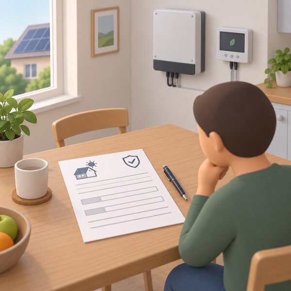 A paper complaint form about a solar PV installation lying on a household table beside a pen, with a small wall-mounted solar PV system control panel and inverter visible in the background of the room, the form's fields shown only as blank lines.