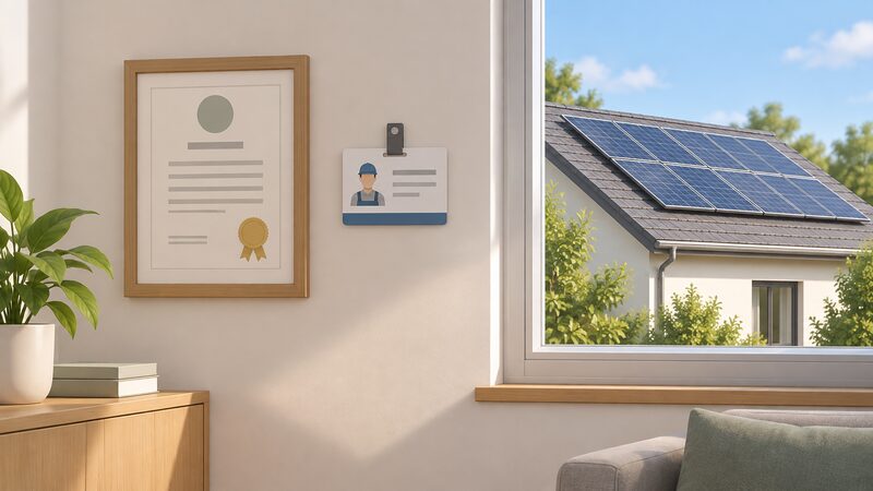 An interior wall with a framed certificate and an installer ID card hung beside a window through which a completed rooftop solar PV array is visible on the house roof outside.